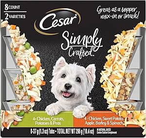 Cesar SIMPLY CRAFTED Adult Wet Dog Food Cuisine Complement Variety Pack –Chicken, Carrot, Potato and Peas, and Chicken, Sweet Potato, Apple, Barley and Spinach 1.3 Ounce Tubs (8-Pack)