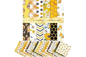 WISHTA 24Sheet Bee Scrapbook Paper Set 11.81x11.81 inches Yellow Black Honeycomb Scrapbooking Paper Bee-Patterned Decorative Cardstock Paper for Card Making Junk Journal Gift Wrapping Craft Supplies (D-Bee)