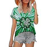 HQP St Patricks Day Shirt Women Shamrock Tee St Patrick's Day V Neck T-Shirt Irish Short Sleeve Casual Tops
