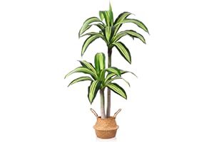 Ferrgoal Artificial Plants, 4 Ft Dracaena Tree Faux Plants Indoor Outdoor Decor Fake Tree with Woven Seagrass Basket Plants for Home Decor Office Living Room Porch Patio Perfect Housewarming Gift