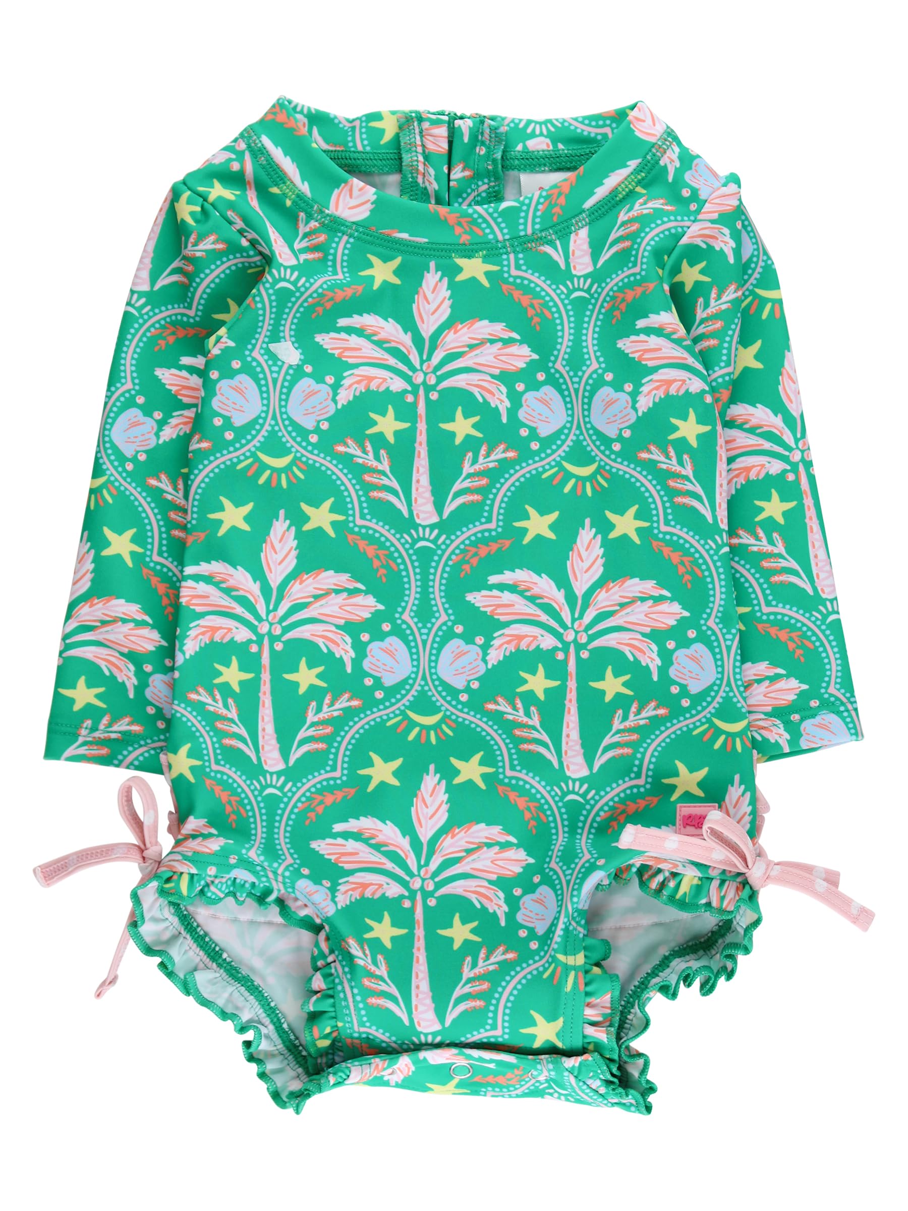 RuffleButts Baby Girls UPF 50+ Sun Protection Novelty Print Long Sleeve One Piece Rash Guard Swimsuit with Zipper - Coconut Cabana, 18-24m Image