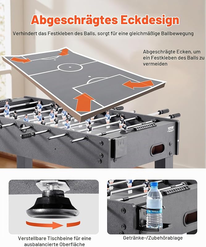 Tischfußballtisch in Standardgröße (1212 x 610 x 838 mm), Indoor-Kickertisch für Zuhause, Familie und Spielzimmer, langlebiges Set, inkl. 2 Bällen & Punktezähler & 2 Getränkehaltern