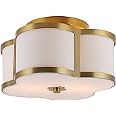 JONATHAN Y 13" Brass Gold Modern Scalloped LED Flush Mount Ceiling Light Fixture, White Linen Shade Quatrefoil Chandelier for