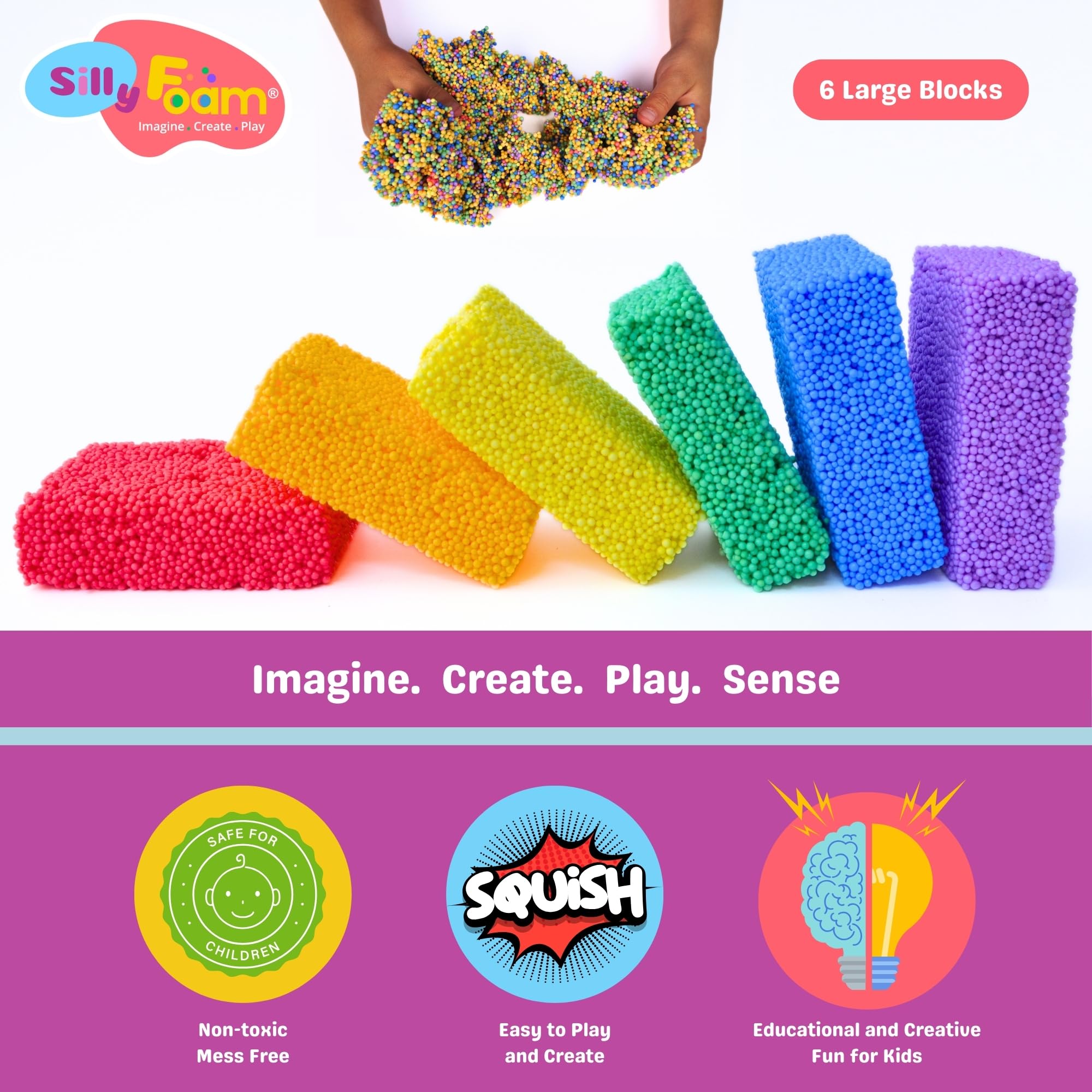 Silly Foam, Creative Modeling Foam Beads, 1-Pack of 6 Primary Color Blocks, No-Slime No-Mess, Perfect for Preschool and Kids, Arts & Crafts, Sensory Play, STEM, Travel Toy, Non-Toxic (Age 3+)