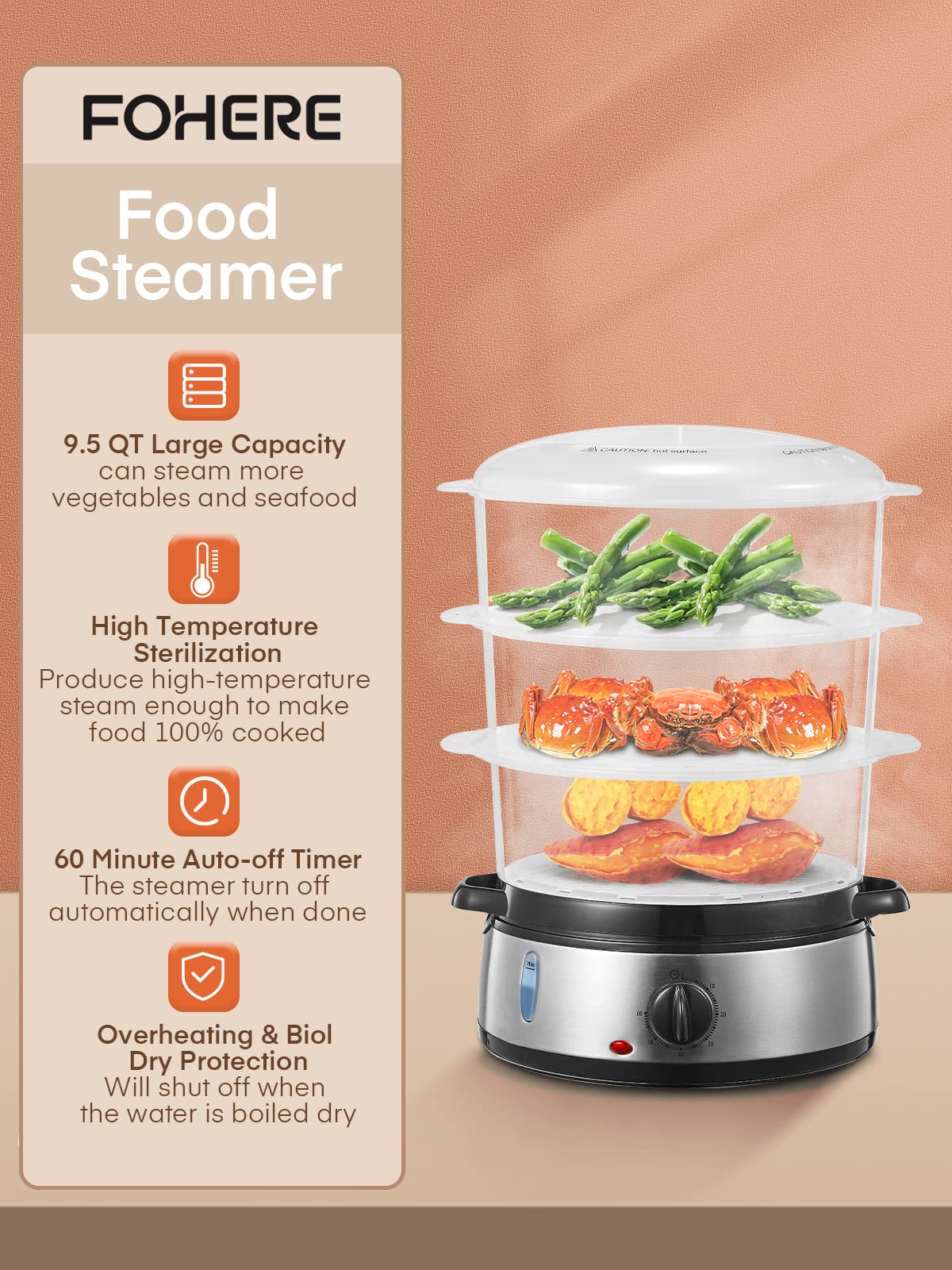 FOHERE Electric Food Steamer for Cooking, Vegetable Steamer 800W Fast Heating with 3 Tiers BPA-Free Nested Basket Trays and Auto Shut-off 60-min Timer, Rice Bowl Included, 9.5QT