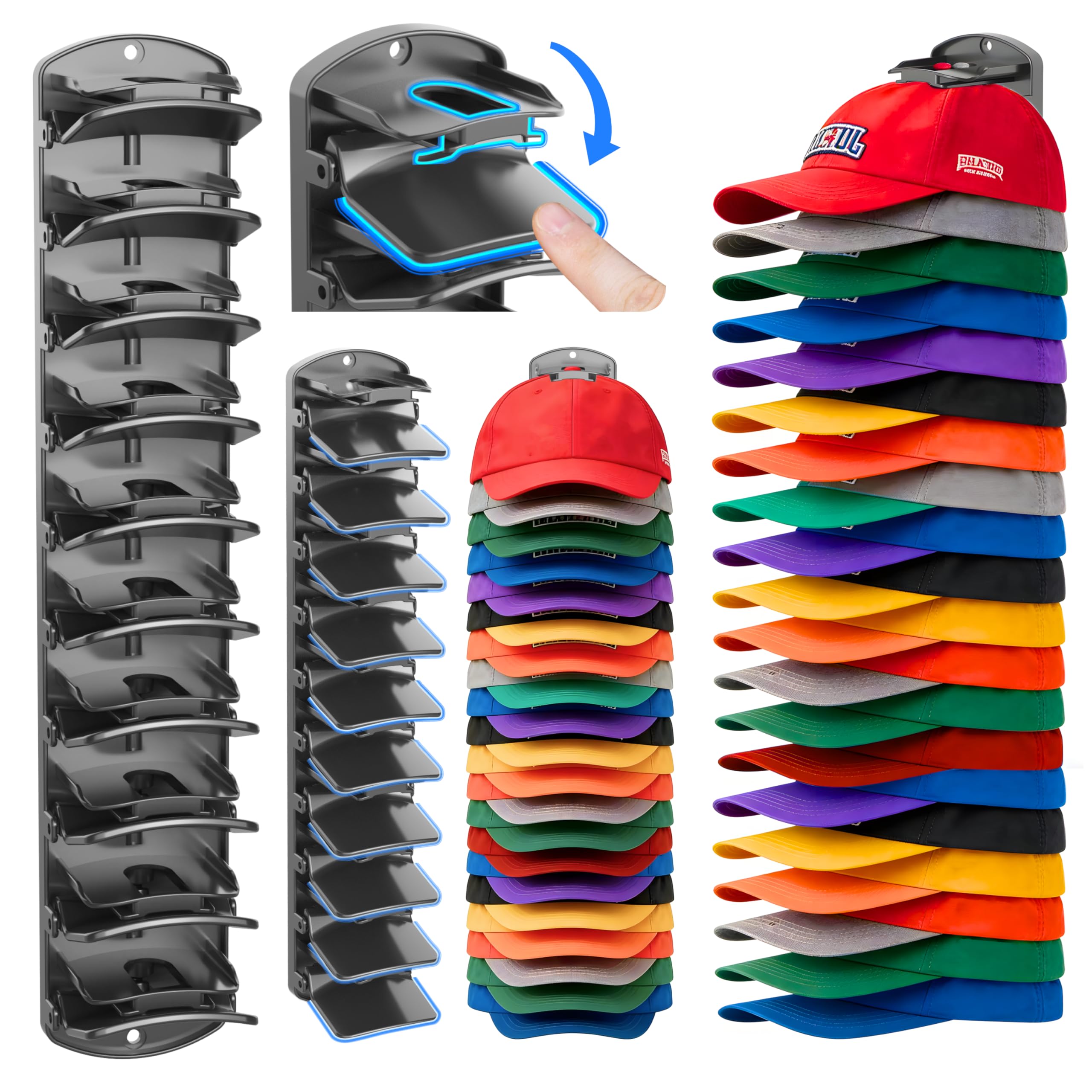 genicuts Double Capacity Hat Organizer for Baseball Caps 2 Packs - 40 Cap Storage with Spring Clips, Wall Mount Closet & Door Hat Rack Holder Hanging(Strong Adhesive & Screws) Matte Black