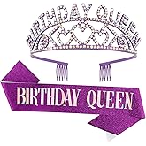 CAVETEE Purple Birthday Queen AB Rhinestone Tiara and Sash - Birthday Party Favors Glitter Decorations for Women
