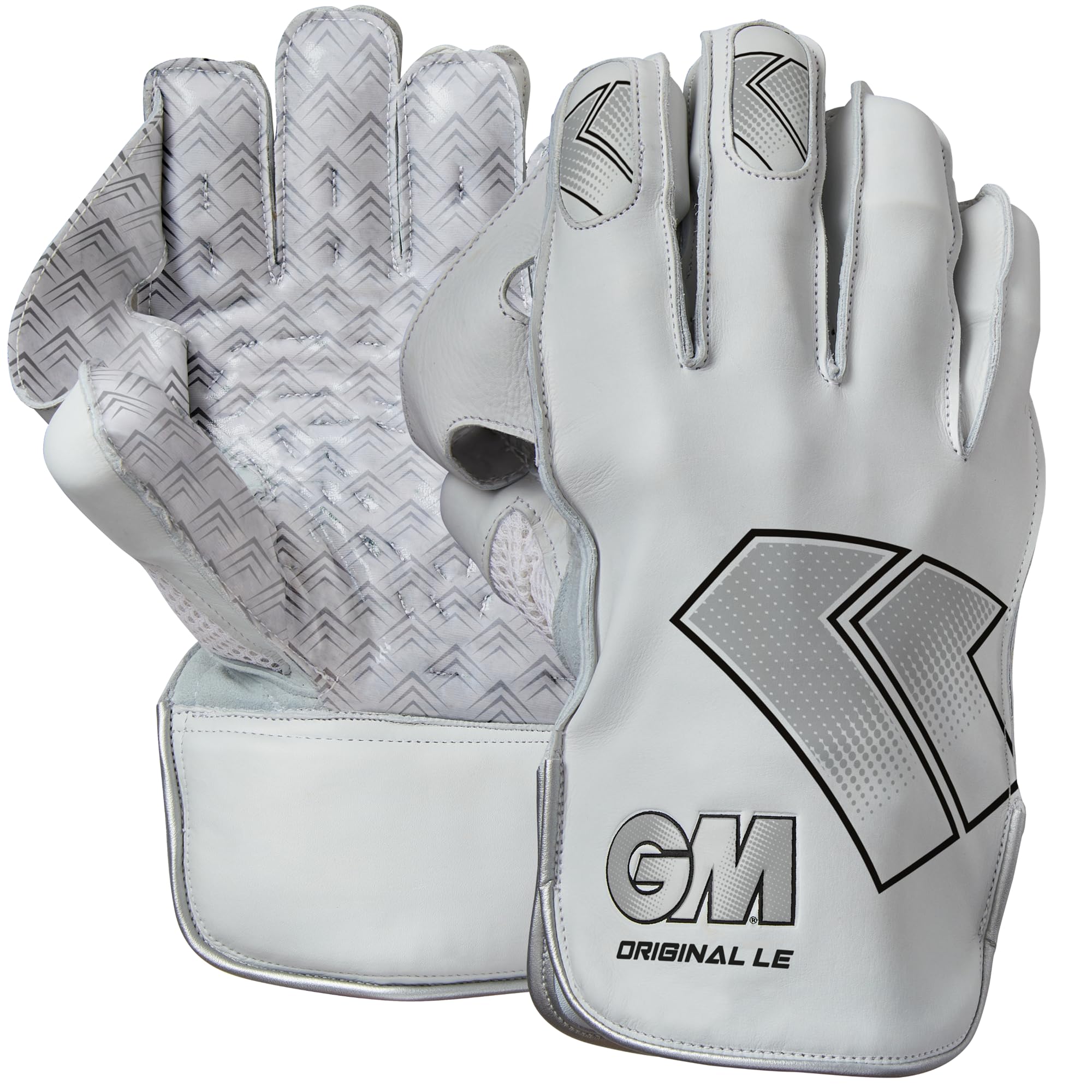 GM | Cricket Wicket Keeper Keeping Gloves | Original L.E. | Full Leather Lining & Pin-Tuck Teknik Hyper Grip Palm | Aniline Leather Back of Hand | Large Adult | 1 Pair | White/Black GM Logo
