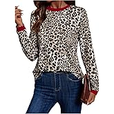 Milumia Women's Leopard Print Long Sleeve T Shirts Contrast Trim Crew Neck Casual Tee Tops