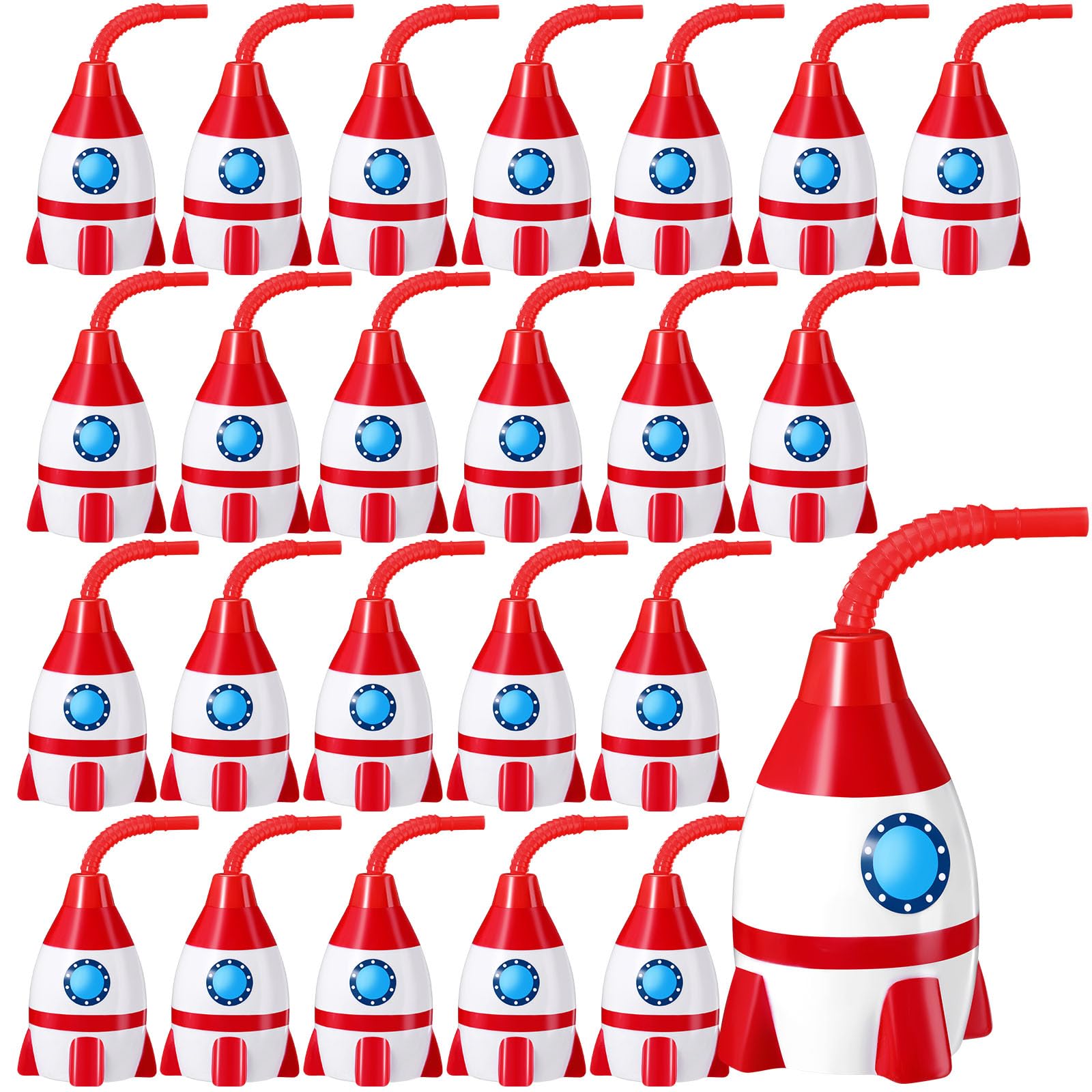 Photo 1 of Tanlade Space Cups Bulk Plastic Rocket Shape Cups Rocket Bottles with Straws Universe Themed Party Favor Gift Supplies, Reusable Outer Space Party Favor for Kids Birthday(Red Color,24 Set)