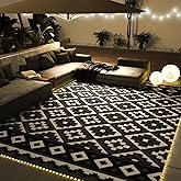 Outdoor Rug 9x12 RV Camping Mat Outdoor Carpet-Patio Camper Backyard Rug with Led Strip Light Reversible Waterproof Geometric