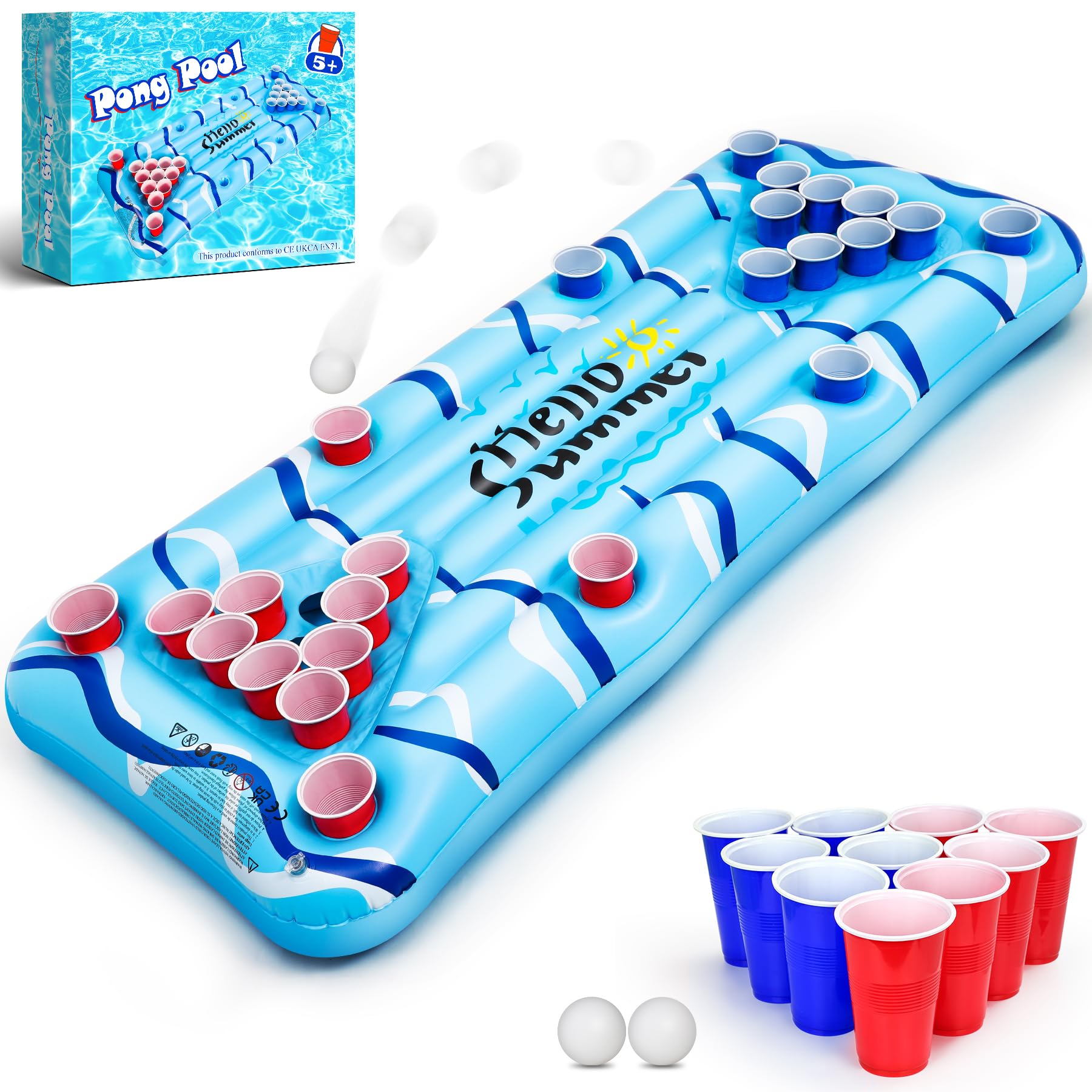 Popolic Pool Pong Game 150x75cm - Aufblasbare Luftmatratze mit Getränkehalter für Pool, Inklusive 24 Bechern und 2 Bällen, Schwimmring Erwachsene für Wasserspaß im Sommer