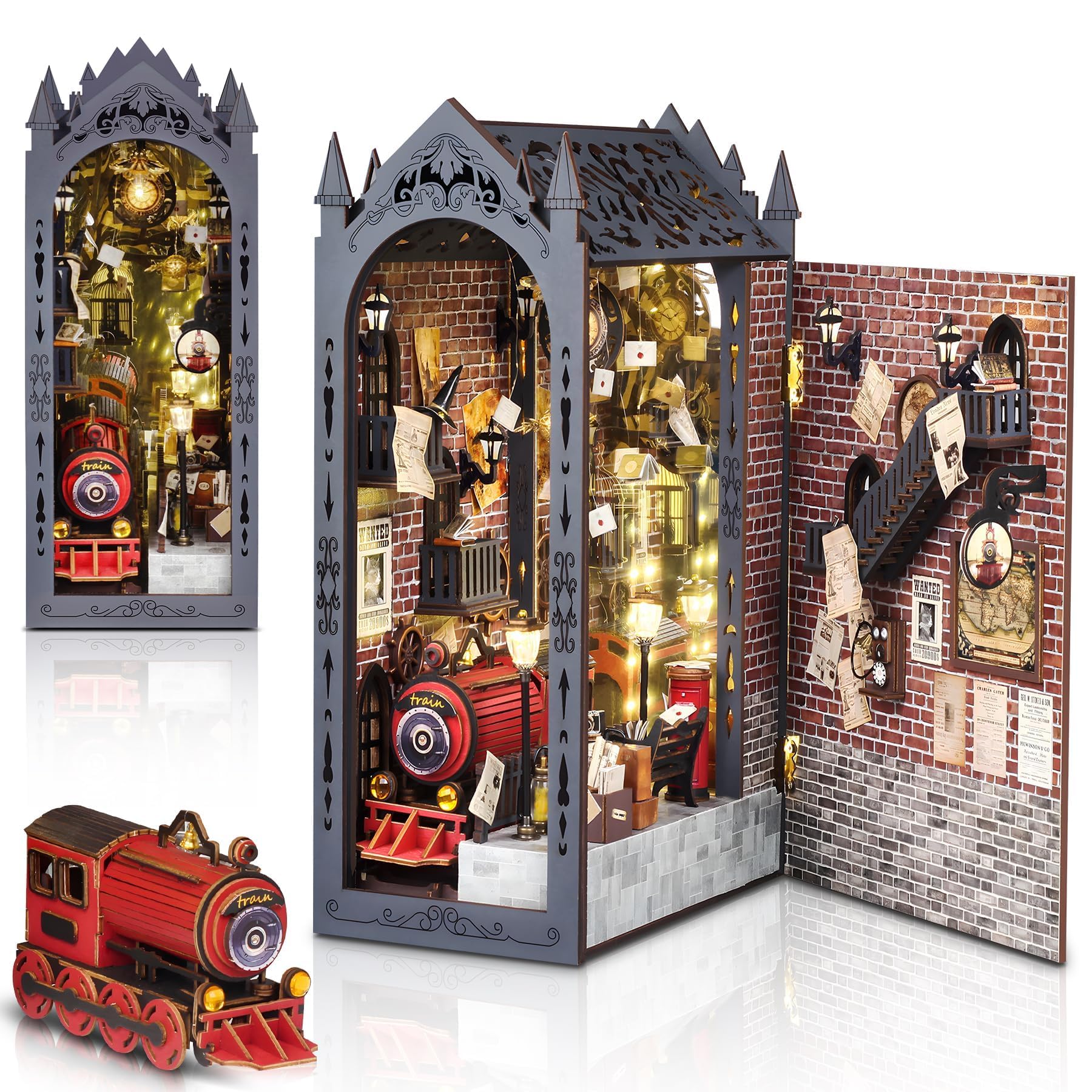 Book Nook Kit DIY, DIY Miniature Dollhouse Kits Magic Railway Bookend with LED Light Collectibles Display Shelf Gifts for Family and Friends — image 1