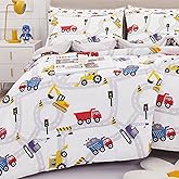 Viviland Kids Twin Bedding Sets for Boys, Girls Soft Twin Comforter Set with Sheets, 5 Pieces Microfiber Bed in a Bag, White Car Excavator