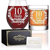 Perfectinsoy 10 Years Happy Anniversary Whiskey Glass and Stemless Wine Glass Gift Set, 10th Anniversary Wedding Gift For Mom, Dad, Soulmate, Couple, 10 Years Gifts, Happy 10th Anniversary