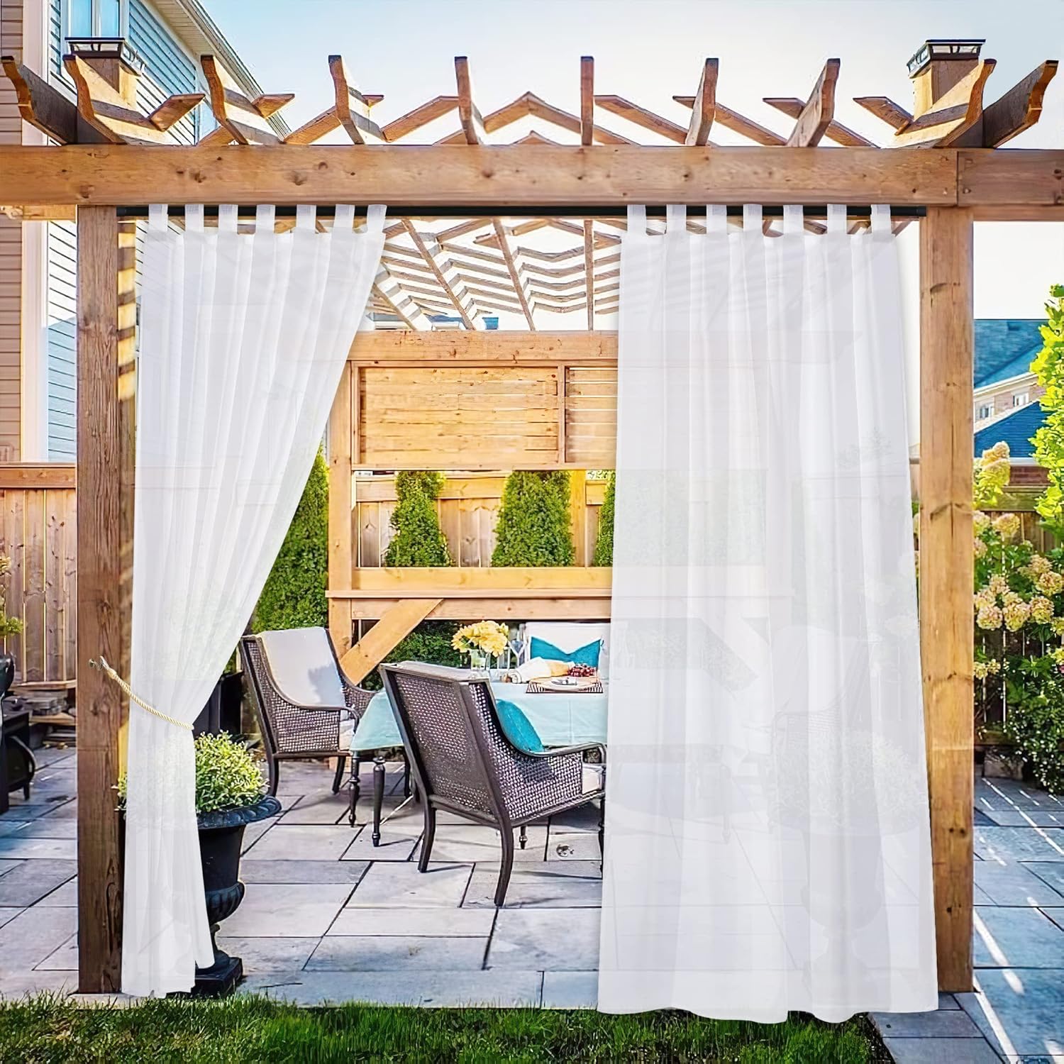 Outdoor Curtains - NICETOWN 2 Panels Outdoor Patio Curtains Waterproof, Detachable Sticky Tab Top Indoor Outdoor Sheer Voile Drapes Airy & Elgant Easy Haning for Pergola, W54 x L96, White