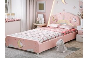 IKIFLY Twin Size Kids Bed, Children Upholstered Twin Platform Bed Frame with Curved Headboard, Pink Princess Toddler Bed for Girls, Teens, No Box Spring Needed - Dreamhouse Design