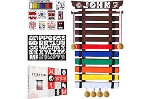 ESSENTURA 10/12 Belts Karate Belt Display Rack, Pure Bamboo Wood, Themed Stickers, Medal Hangers - Taekwondo Belt Display, Jiu Jitsu, BJJ, Martial Arts