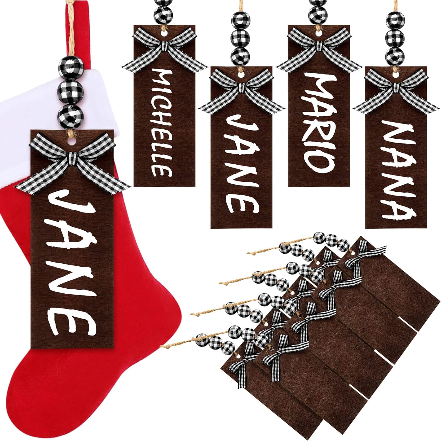 Stockings & Holders - 12 Pcs Christmas Stocking Name Tags Unfinished Wood Tags Personalized Blank Wooden Stocking Tags Farmhouse Xmas Stocking Hanging Tag for Christmas Stocking (Black and White)