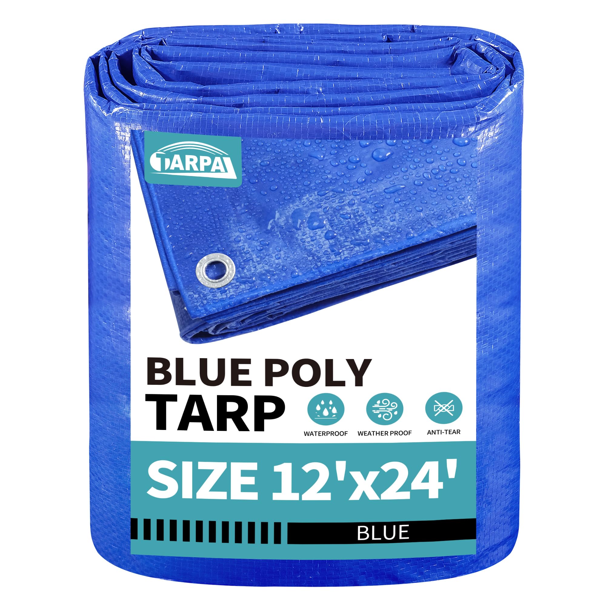 TARPAL 12x24 feet Blue tarp, 8mil Medium Duty tarps Waterproof, Tear Resistant with Metal Grommets, Suitable for Outdoor Tent Emergency rain Cover,Floor tarp,and Other uses. Image