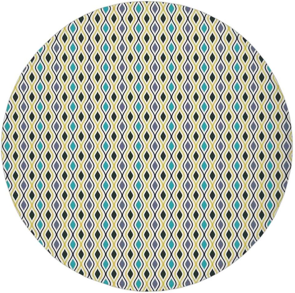 Round Rug Mat Carpet,Abstract,Vertical Waves Curvy Lines Oval Drop Like Forms Retro Style Concept Art,Purple Black Sky Blue,Flannel Microfiber Non-Slip Soft Absorbent,for Kitchen Floor Bathroom