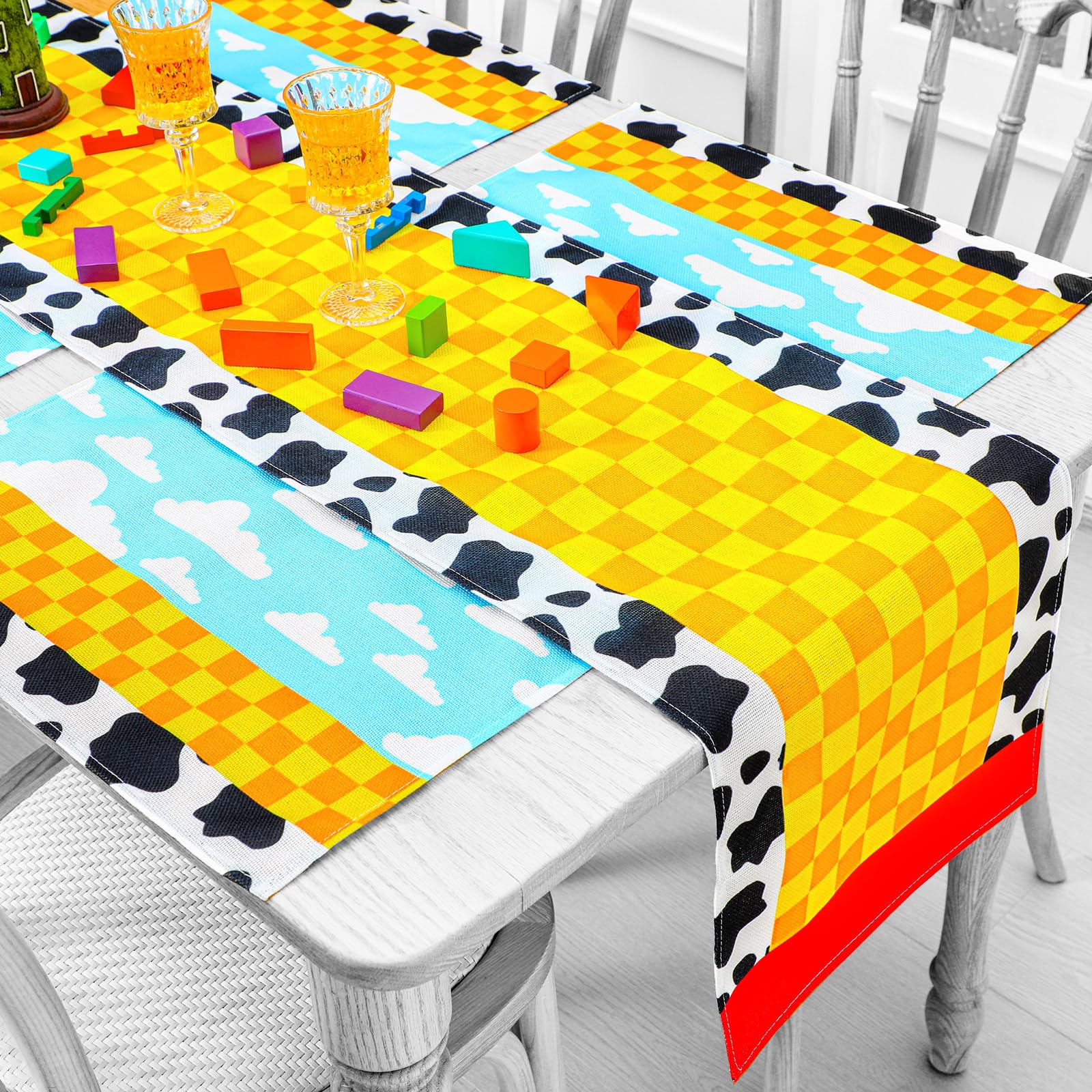 Photo 1 of Windkream 7 Pieces Cartoon Table Runner Placemats Cartoon Birthday Party Supplies Cow Pattern Printed Check Table Decorations for Dining Party Mat Set