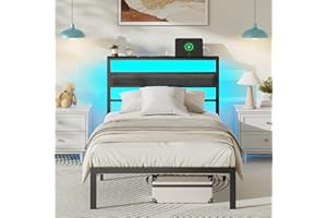 OURPIC Twin Bed Frames for Kids, Metal Platform Bed Frame Twin Size with Charging Station and LED Lights, Upholstered Headboard and Storage Shelf, No Box Spring Needed, Easy Assembly