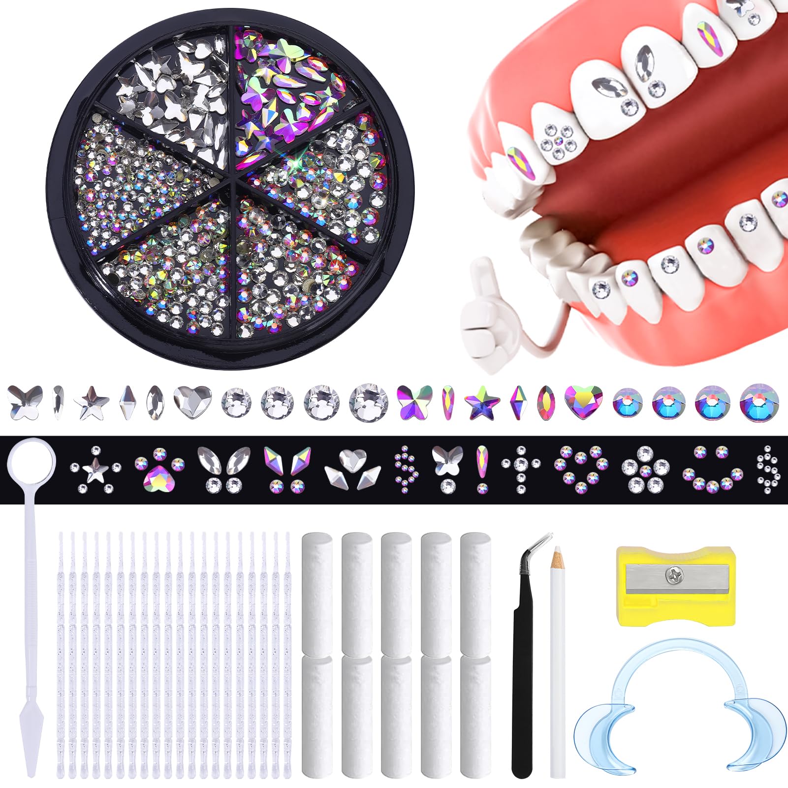 Photo 1 of ***(PARTIAL SET)***WATRZ 380 pcs Teeth Gem Kit,Tooth Diamonds Gems Kit for Teeth DIY Crystals Teeth Jewelry Kit for Girls Y2K Crystal AB Rhinestones Butterfly Love Star Multiple Styles for Boys Harmless Fashionable