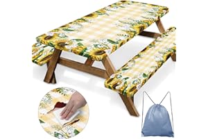 Britown Picnic Table Cover with Bench Covers Elastic Edges, Yellow Fitted Table Cover, Outdoor Patio Camping Essentials 72 Inch 3PCS, Waterproof Camping Fitted Tablecloth with Drawstring Bag