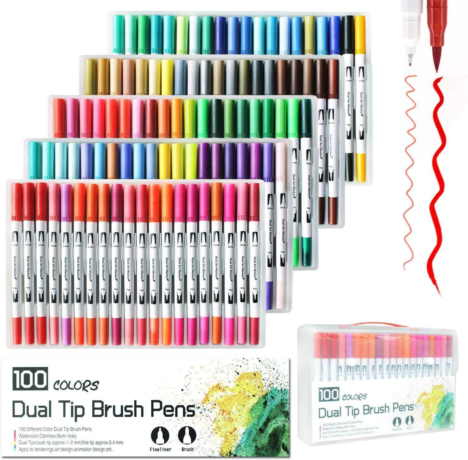 100 Colors Dual Tip Brush Pens Highlighter Art Markers 0.4mm Fine liners & Brush Tip Watercolor Pen Set for Adult and kids Coloring Books Bullet Journal, Calligraphy, Hand Lettering