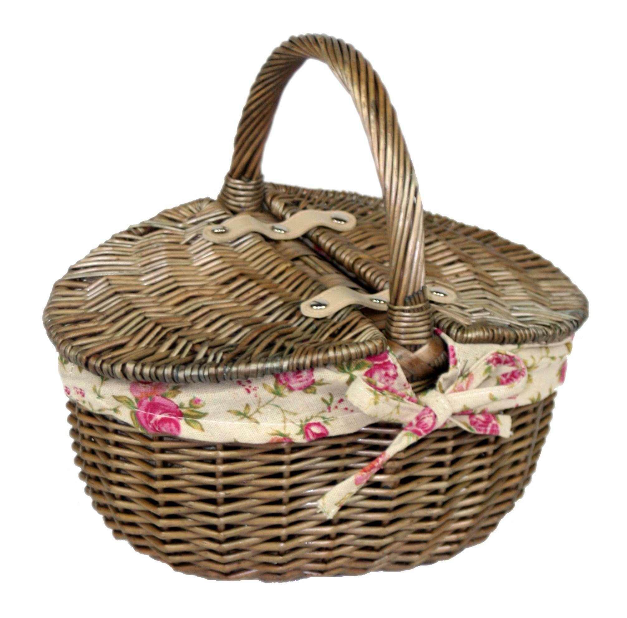 Red Hamper Antique Wash Double Lidded Oval Picnic Basket Garden Rose Lining, Wicker, Brown, 23 x 30 x 17 cm