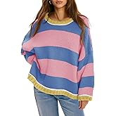 Fisoew Womens Oversized Sweaters Casual Long Sleeve Striped Color Block Crewneck Knitted Loose Fall Pullover Tops
