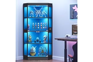 Jocoevol Corner Display Cabinet with Glass Doors, 4-Tier Display Cases for Collectibles with RGB Lights, 67'' Tall Corner Curio Cabinet with Human Body Sensor for Living/Game Room, Black
