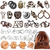 32 Pcs Brain Teaser Puzzles Set for Adults Kids &ndash; Wooden &amp; Metal 3D IQ Game, Challenging Disentanglement Logic Puzzles, Family Party Favor Portable Travel Pouch Set