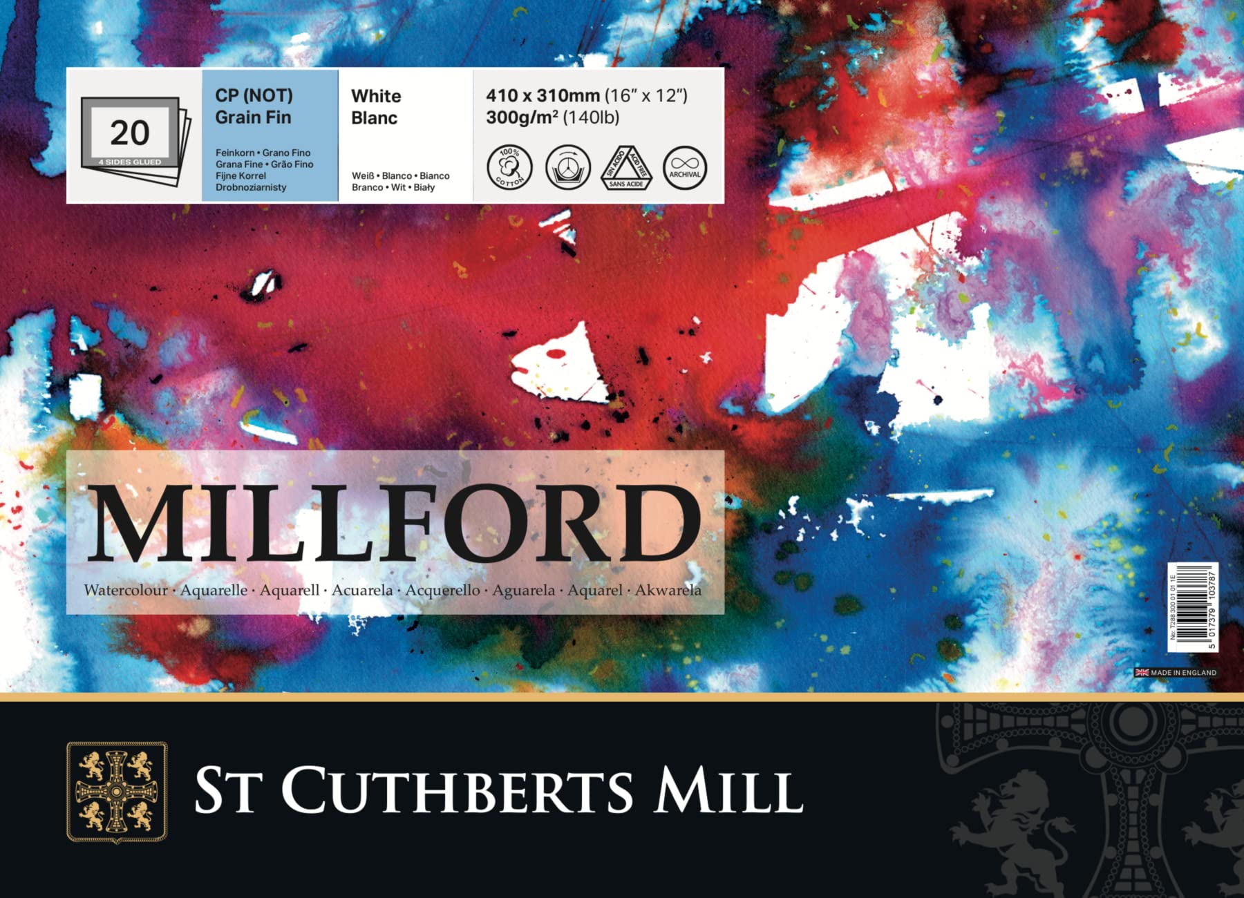 ST CUTHBERTS Mill Millford - Pad of 20 Sheets of Fine Grain Watercolour Paper - 41 x 21 cm - 300 g/m² - White