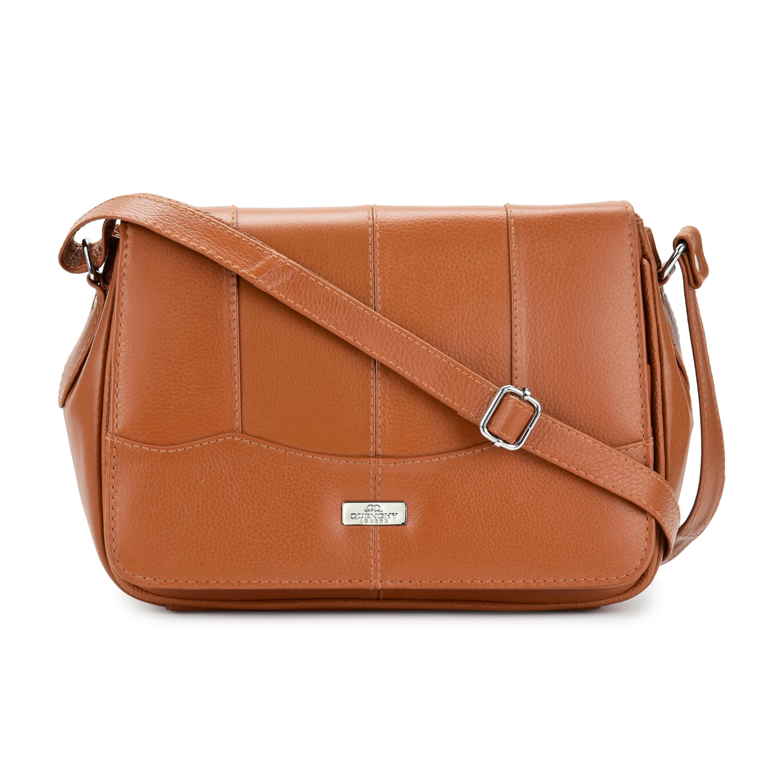 Quenchy London Ladies Handbag Triple Section - Real Leather A-Cross Body Hand Bags with 8 Pockets - Single Adjustable Shoulder Strap, L28cm xH20 x10 - QL966T Tan