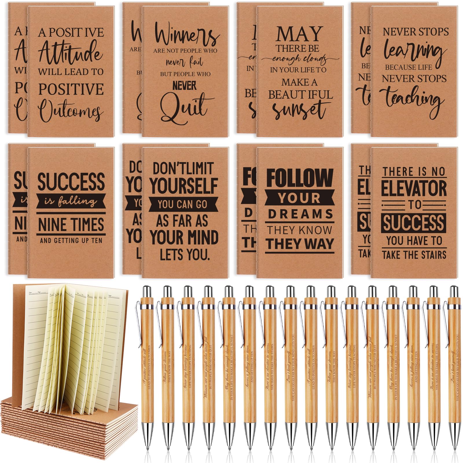 32 Pcs Inspirational Notebooks Motivational Ballpoint Pens Thank You Wood Bamboo Pen Inspirational Quote Notepads Small Pocket Notebook Funny Motivational Journals Notepads for Office School Gift