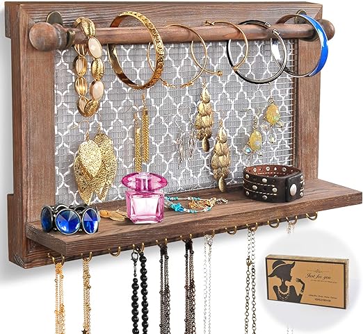 Amazon Com Wall Mounted Rustic Wood Jewelry Organizer Holder With