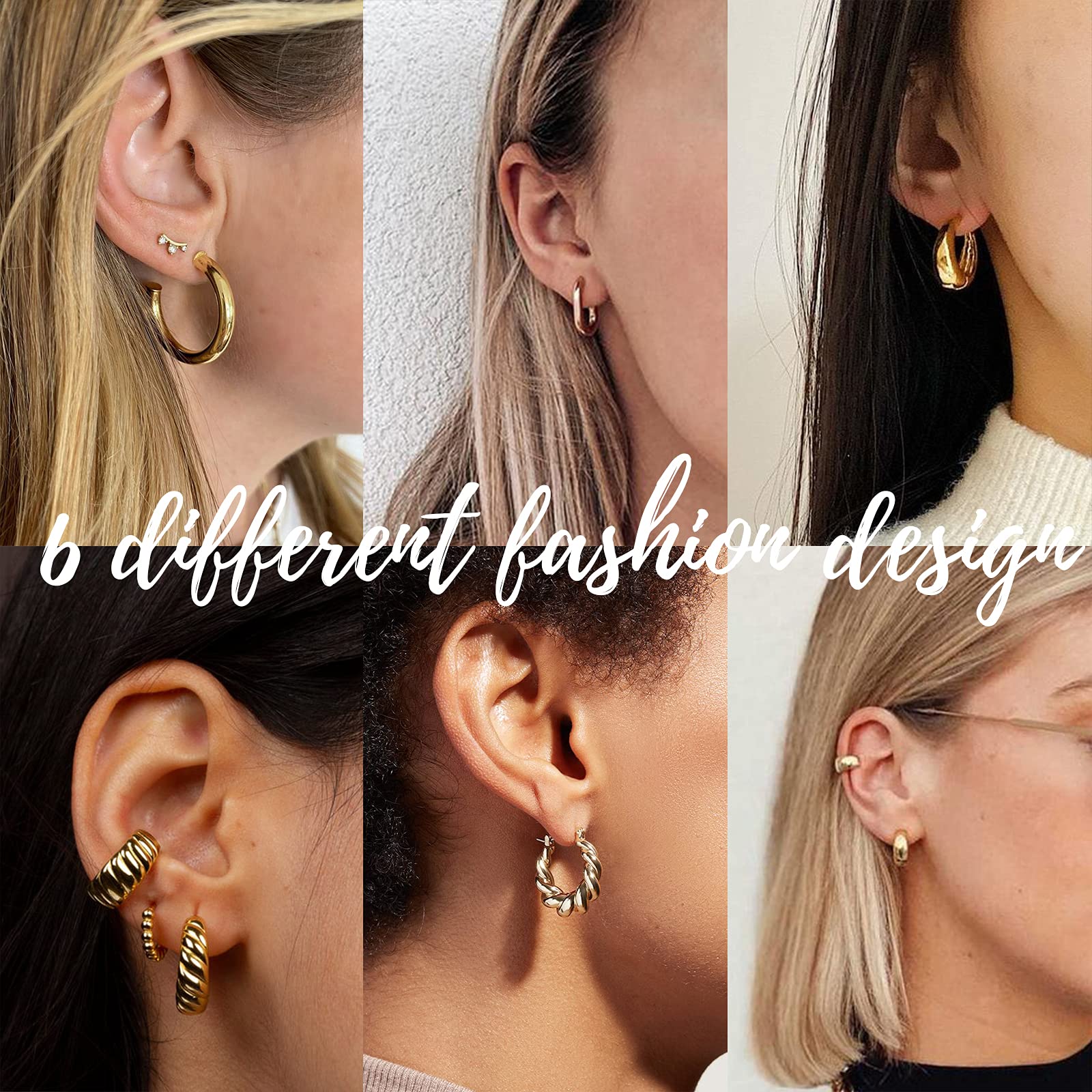 Gold Hoop Earrings Set for Women, 6 Pairs 14K Gold Plated Lightweight Hypoallergenic Chunky Open Twisted Hoops Earrings Pack Jewelry