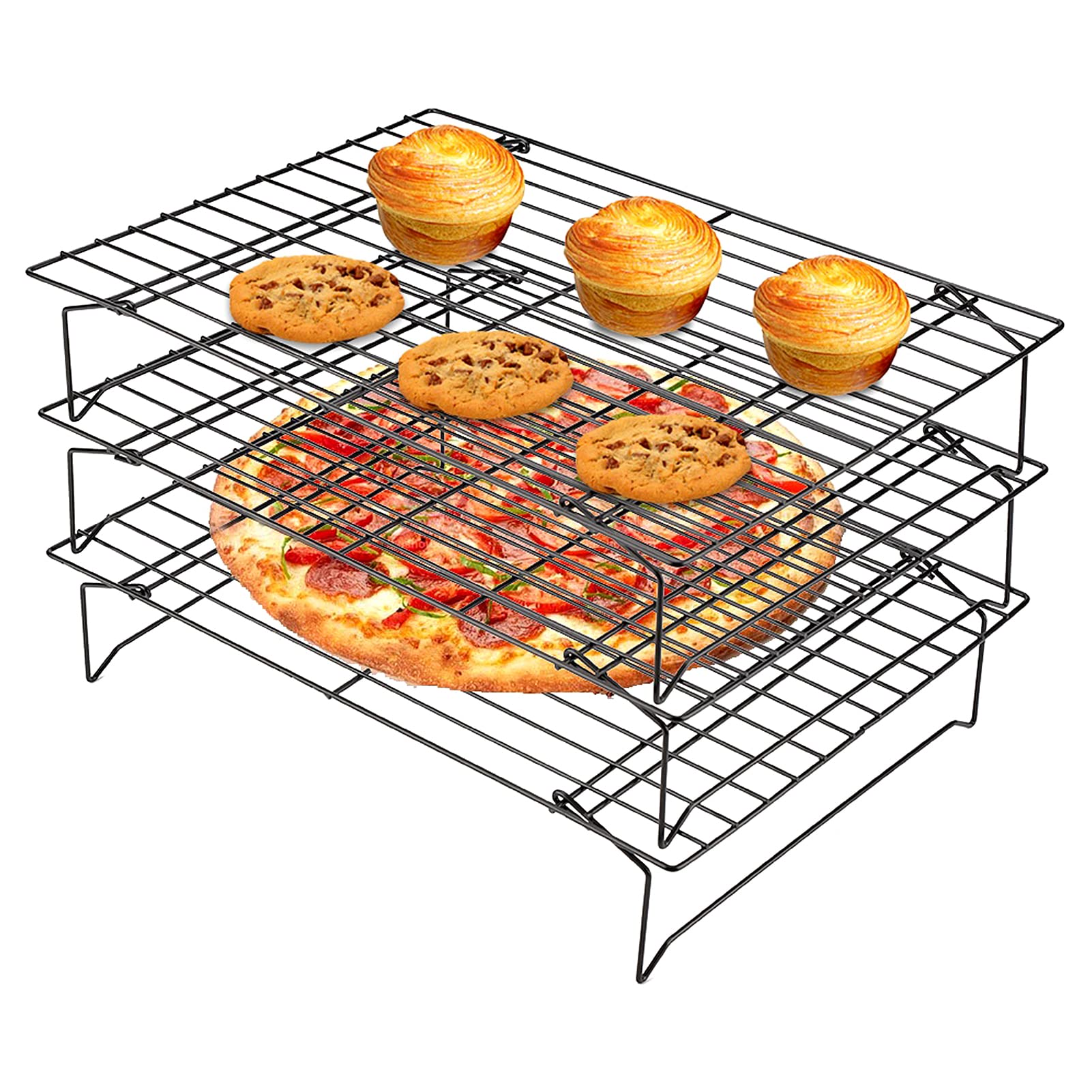 Cake Cooling Rack, 3-Tier Stackable Carbon Steel Non-Stick Grill Tray for Baking and Cooking, Home Kitchen