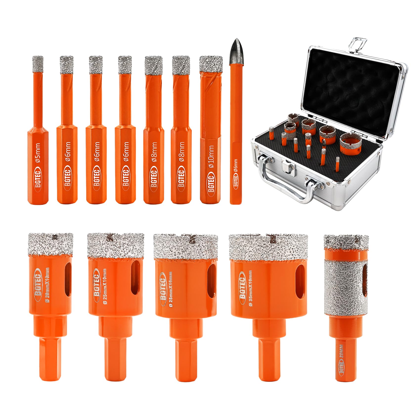 BGTEC Diamond Hole Saw Kit Marsonry Drill Bits, 13pcs 5/6/6/6/8/8/10/20/25/28/35mm with Hex Shank+6mm Carbide Drill+20mm Milling Finger Bit for Granite Marble Porcelain Tile Ceramic