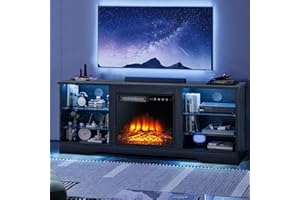 LEMBERI 58 Inches Fireplace TV Stand for TVs up to 65 Inches Console with 18'' Electric Fireplace & Remote, Wooden Modern Entertainment Center for Living Room with LED Light Glass Shelves (Black)