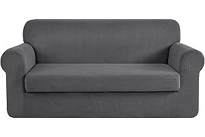CHUN YI Stretch Loveseat Sofa Slipcover 2 Piece Sofa Cover, 2 Seater Couch Slipcover Coat Soft Washable Furniture Covers with Elastic Bottom, Checks Spandex Jacquard Fabric, Medium, Light Gray