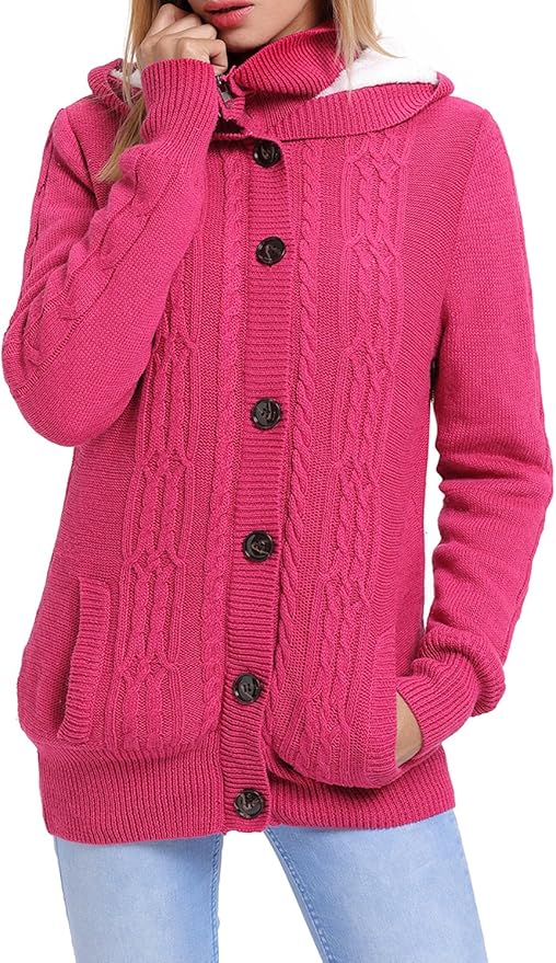 MEdzRE Women's Knitted Fleece Lined Winter Cardigan with Hood XL Rose