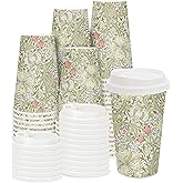 FYSUIMU 50 Sets Vintage Floral Coffee Cups with Lids 16oz Green Retro Flower Paper Cups Greenery Disposable To Go Coffee Cups for Cafe Shop Cappuccino Chocolate Beverage Cocoa