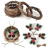 Luckforest 5 Pcs of 4.13-Inch Grapevine Wreath and 5 Pcs of 3.54-Inch Artificial Christmas Picks Assorted Red Berry for Christmas, Wedding, Party, Dinner Decor