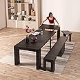 Transformer Table Expandable Dining Set for 2 to 12, Solid Wood Extendable Kitchen Table, Space-Saving Furniture, Small to Large Adjustable Dining Set with Bench (Black, Table + Bench)