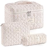 UUYUUY Makeup Bag for Women 3PCS Quilted Cotton Make Up Bag Travel Cosmetic Bag Large Makeup Bag Set Cute Makeups Organizer Floral Toiletry Pouch for Purse, Pink Floral C