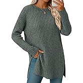 Velvelhall Oversized Sweaters for Women Lightweight Long Sleeve Crew Neck Ribbed Side Slit Loose Fall Top Pullover