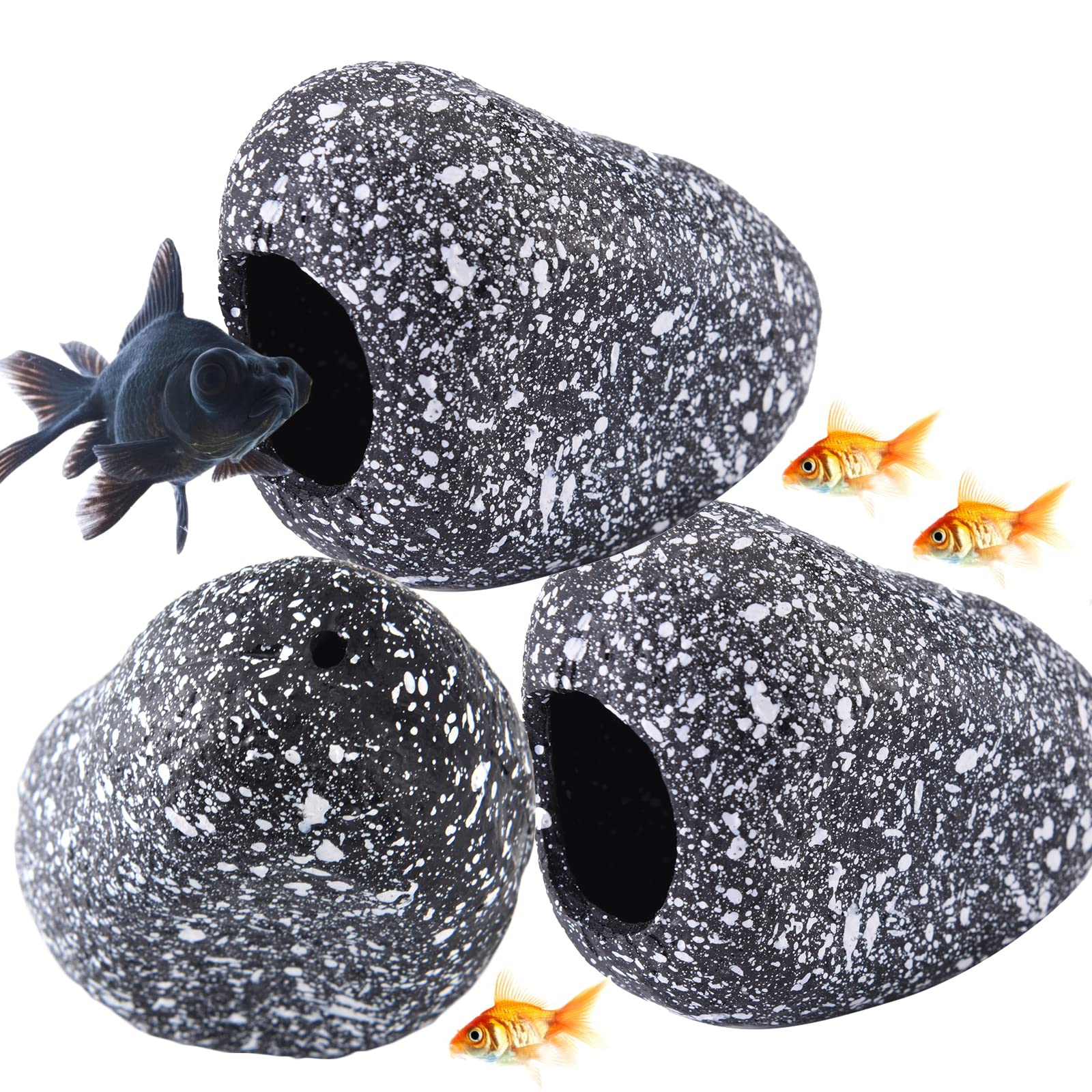3 Pcs Aquarium Hideaway Rocks for Aquatic Pets to Breed Play and Rest, Ceramic Fish Tank Ornaments, Small Decor Rocks for Shrimp Cichlid Betta Fish